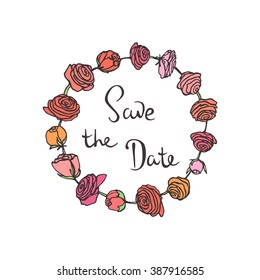 Vector wedding announcement card. Hand drawn rose wreath with hand written inscription. Beautiful floral wedding design.
