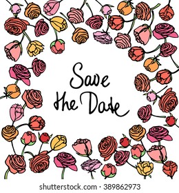 Vector wedding announcement card. Hand drawn rose wreath with hand written inscription. Beautiful floral wedding design.