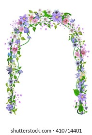 Vector Wedding Arch, Arbor Of Flowers For Design.anemones, Primroses, Freesia, Lilies, Daisy, Clematis ,vector Illustration Isolated On White Background 