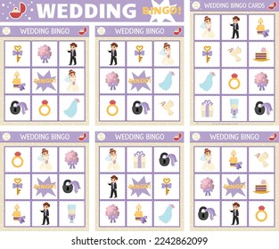 Vector wedding bingo cards set. Fun family lotto board game with cute bride and groom for kids. Marriage ceremony lottery activity. Simple educational printable worksheet.
