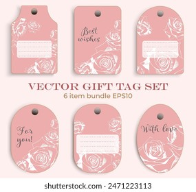 Vector wedding or birthday gift tag set with pink background and white contour roses lineart style