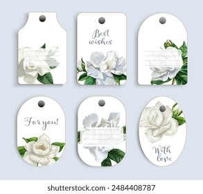 Vector de boda o cumpleaños conjunto de etiquetas de regalo con gardenias blancas estilo plano