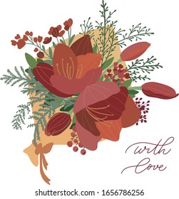 Vector wedding bouquet of flowers from tulips, roses, peonies and. Digital illustration on an isolated white background. Use in wedding invitations, cards, design. For florists, decorators. With love 