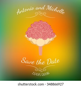 Vector wedding bouquet of pink handdrawn roses over abstract colorful blurred vector background. Element for wedding designs, website, logo, and other. Greeting card template, Save the Date.