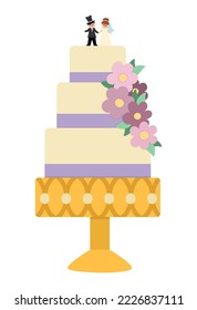 Vector wedding cake with flowers, purple ribbon, little bride and groom statuettes. Cute marriage clipart element. Just married couple dessert. Cartoon ceremony illustration
