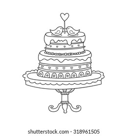 Vector wedding cake for Wedding invitations or announcements. Cartoon wedding cake with birds in love.