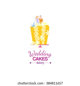 Vector wedding cake logo with figurines of the bride and groom isolated on transparent background. 