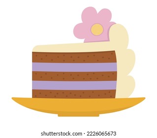 Vektor Hochzeit Kuchen Stück auf einem Teller mit rosafarbener Blume, violetter Creme. Cute-Heirat Video-Kunstelement. Nur ein Paar Nachtisch geheiratet. Cartoon Zeremonie Illustration
