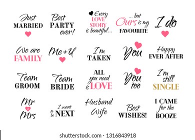 Vector Wedding Caligraphy Set. Typography Collection For Bride And Groom. Quotes With Pink Hearts: Happy Ever After, Love Story, Mr, Mrs, Best Wishes, Just Married. Text For Card, Banner