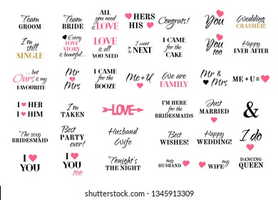 Vector Wedding Caligraphy Set. Typography Collection For Bride And Groom. Quotes With Pink Hearts: Happy Ever After, Love Story, Mr, Mrs, Best Wishes, Just Married. Text For Card, Banner