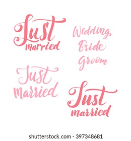 Vector Wedding Calligraphy Inscription Set. Just Married, Wedding, Bride, Groom. The red lettering on the white background.