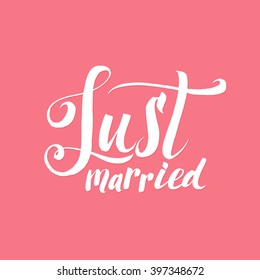 Vector Wedding Calligraphy Poster Just Married. The white lettering on the red background.