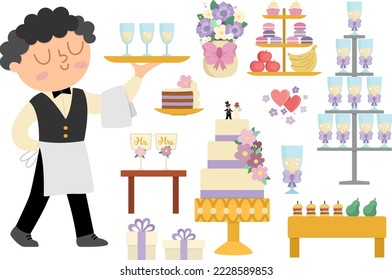 Vector wedding candy bar set. Cute marriage sweet table or buffet clipart with waiter, cake, champagne, snacks, fruit. Just married holiday meal collection. Funny ceremony illustration
