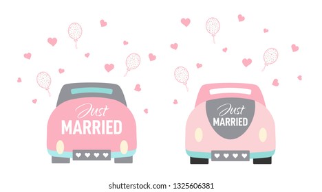 Vector wedding car in cartoon style. Just married couple bride and groom on a roadtrip to the honeymoon. Design in pastel colors for card, invitation, poster.