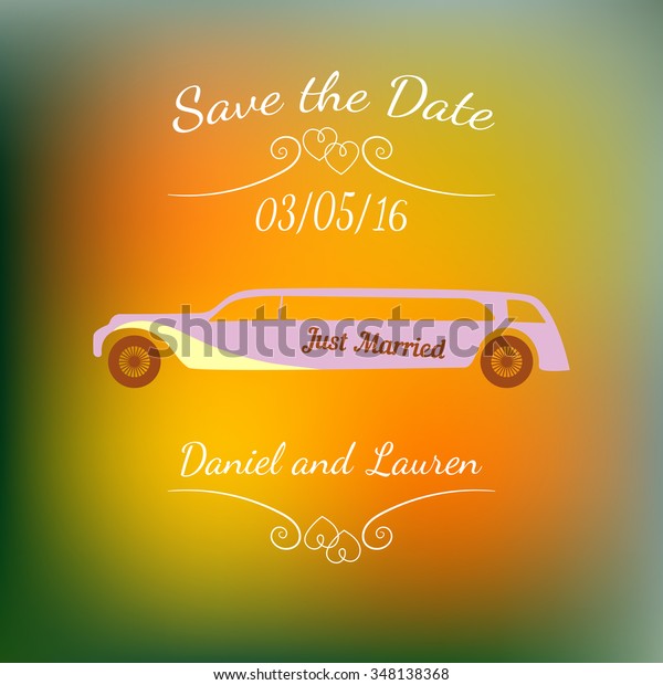 Vector wedding car over\
abstract colorful blurred vector background. Element for wedding\
designs, website, logo, and other. Greeting card template, Save the\
Date.