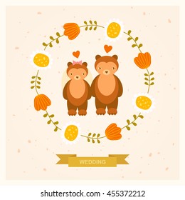vector wedding card with bears and decorative round floral frame