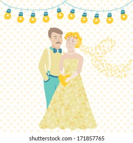 Vector wedding card with beautiful couple in love and garlands light