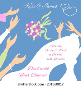 Vector wedding card with bride who throws her wedding bouquet