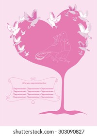 Vector of wedding card couple fantastic doves on the tree with text.Template