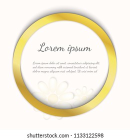 Vector wedding card with empty realistic golden frame place for your text or corporate identity details. Beautiful white flowers. High quality illustration template for any card banners flyers app 