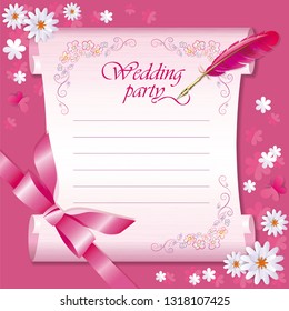 Vector wedding card with feather, parchment and flowers on pink background