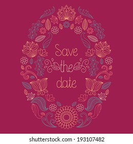 Vector wedding card in floral frame and text save the date