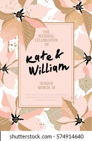 Vector wedding card with handmade floral elements. Premium invitation to the feast.