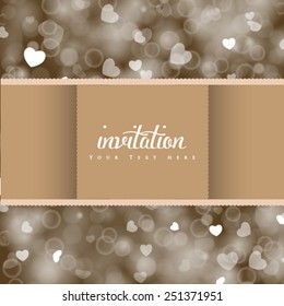 Vector wedding card or invitation, shiny hearts bokeh light background. Perfect as invitation or announcement.