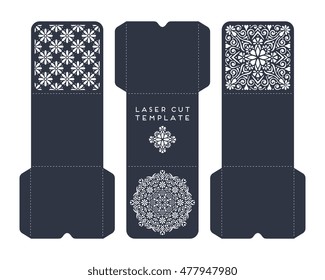 Vector wedding card laser cut template. Laser cut envelope, laser cut mandala design, ethnic style laser cut. Perfect for laser cut wedding invitation. Collection envelope for laser cut with mandalas