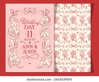 Vector wedding card and matching floral pattern with pink bows and botanical elements. Coquette core aesthetic. Romantic and elegant design set