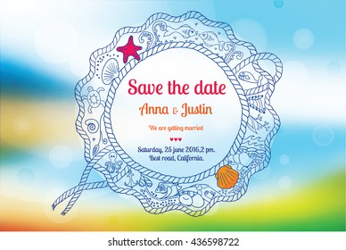 Vector wedding card on summer time background. Beach and tropical sea with bright sun. Sea backdrop with rope frame for certificate, gift,voucher, present, discount, invitation,wedding card.