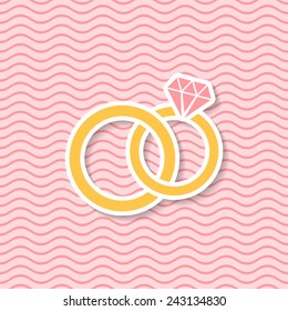 Vector wedding card with rings pair pink background