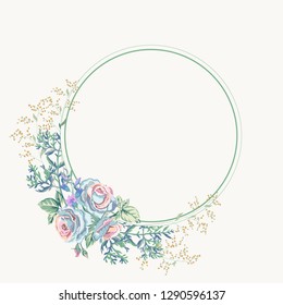 Vector wedding card with round empty banner and floral bunch with beautiful roses, wild flowers, wormwood plant.Floral background pastel colors.