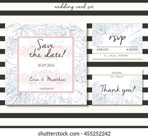 Vector wedding card set in tender style.  Decorated with peony bouquet and lace. Includes save the date, rsvp and thank you cards templates.