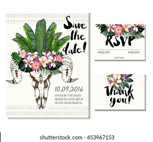 Vector wedding card set in trendy boho style. Skull wearing exotic  flower and palm leaves crown. Includes save the date, rsvp and thank you cards templates.