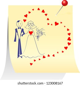 Vector Wedding card: Sketch a picture with the bride and groom on a sheet pinned clerical pin