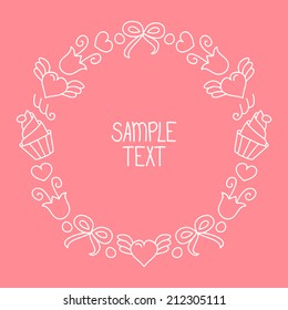 Vector wedding card in sweet frame with hearts, cupcakes, flowers, bows and place for text