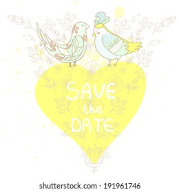 Vector wedding card with two cute birds, heart and floral elements. Vintage hand drawing invitation.