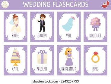 Vector wedding cards set. English language game with bride and groom for kids. Marriage ceremony flashcards with bridesmaid, ring, cake. Simple educational printable worksheet.
