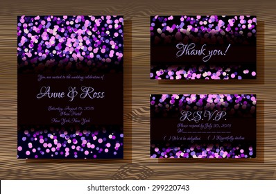 Vector wedding cards template with violet glitter texture decoration on wood texture background, Wedding invitation or save the date, RSVP and thank you card for bridal design, trendy confetti style