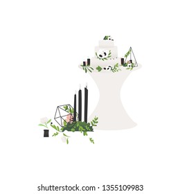 Vector wedding ceremony symbols set. Wedding layer cake, candles and with elegant florals. Romantic marriage icons for invitations design. Isolated illustration