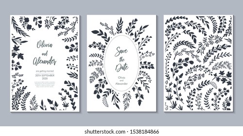 Vector wedding collection. Templates for invitation, save the date card. Beautiful hand drawn floral ornaments, bouquets and wreathes in sketch style.