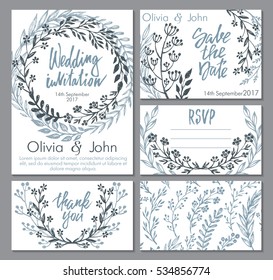 Vector wedding collection. Templates for invitation, thank you card, save the date, RSVP. Beautiful hand drawn floral ornaments, bouquets and wreathes in sketch style
