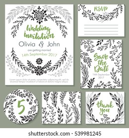 Vector wedding collection. Templates for invitation, thank you card, save the date, RSVP. Beautiful hand drawn floral ornaments, bouquets and wreathes in sketch style