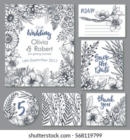 colección de boda de Vector. Plantillas Guardar para la invitación, tarjeta de agradecimiento, la fecha, RSVP. Hermosos adornos florales dibujados a mano, ramos y coronas en estilo de boceto