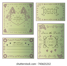 Vector wedding collection. Templates for invitation, save the date. Beautiful hand drawn floral ornaments, vignettes in sketch style.