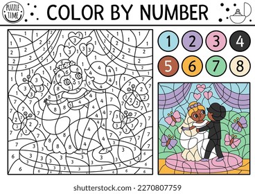 Vector wedding color by number activity with cute just married couple dancing first dance. Marriage ceremony black and white counting game, coloring page with bride and groom for kids
