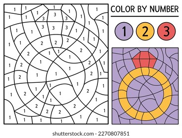 Vector wedding color by number activity with wedding ring. Marriage ceremony accessory. Black and white counting game or coloring page with jewelry and precious stone for kids
