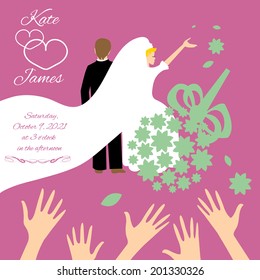 Vector wedding couple, bride throws her wedding bouquet