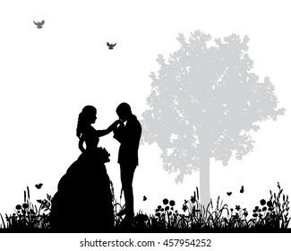 vector wedding couple silhouette groom and bride in nature,holding hands